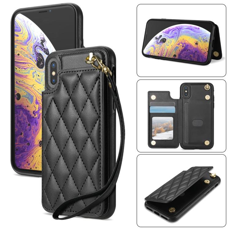 Rhombic Dual Buckle Card Slots Phone Case with Lanyard, For iPhone X / XS, For iPhone XR, For iPhone XS Max, For iPhone 8 Plus / 7 Plus