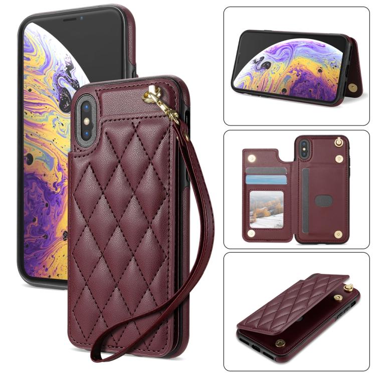 Rhombic Dual Buckle Card Slots Phone Case with Lanyard, For iPhone X / XS, For iPhone XR, For iPhone XS Max, For iPhone 8 Plus / 7 Plus