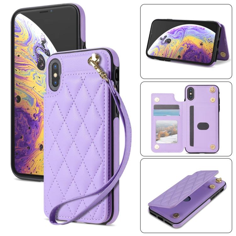 Rhombic Dual Buckle Card Slots Phone Case with Lanyard, For iPhone X / XS, For iPhone XR, For iPhone XS Max, For iPhone 8 Plus / 7 Plus