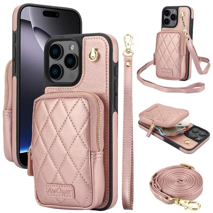 AwQuer Crossbody Zipper Wallet Bag Litchi Leather Phone Case, For iPhone 16 Pro Max, For iPhone 16 Pro, For iPhone 16 Plus