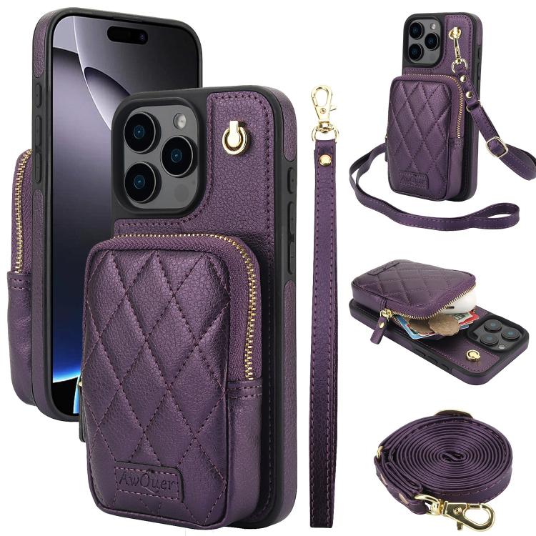 AwQuer Crossbody Zipper Wallet Bag Litchi Leather Phone Case, For iPhone 16 Pro Max, For iPhone 16 Pro, For iPhone 16 Plus