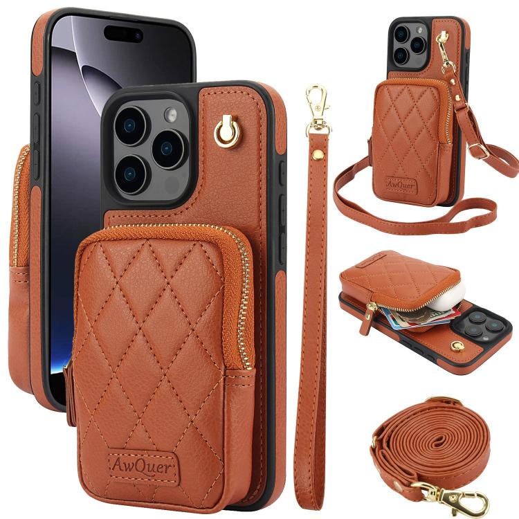 AwQuer Crossbody Zipper Wallet Bag Litchi Leather Phone Case, For iPhone 16 Pro Max, For iPhone 16 Pro, For iPhone 16 Plus