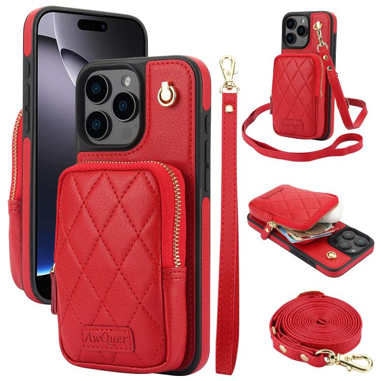 AwQuer Crossbody Zipper Wallet Bag Litchi Leather Phone Case, For iPhone 16 Pro Max, For iPhone 16 Pro, For iPhone 16 Plus