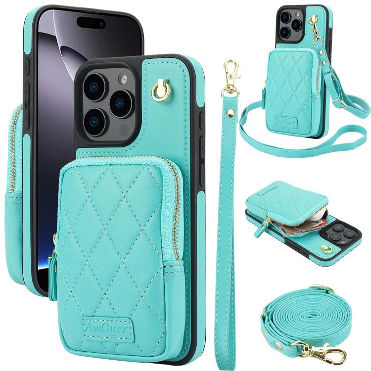 AwQuer Crossbody Zipper Wallet Bag Litchi Leather Phone Case, For iPhone 16 Pro Max, For iPhone 16 Pro, For iPhone 16 Plus