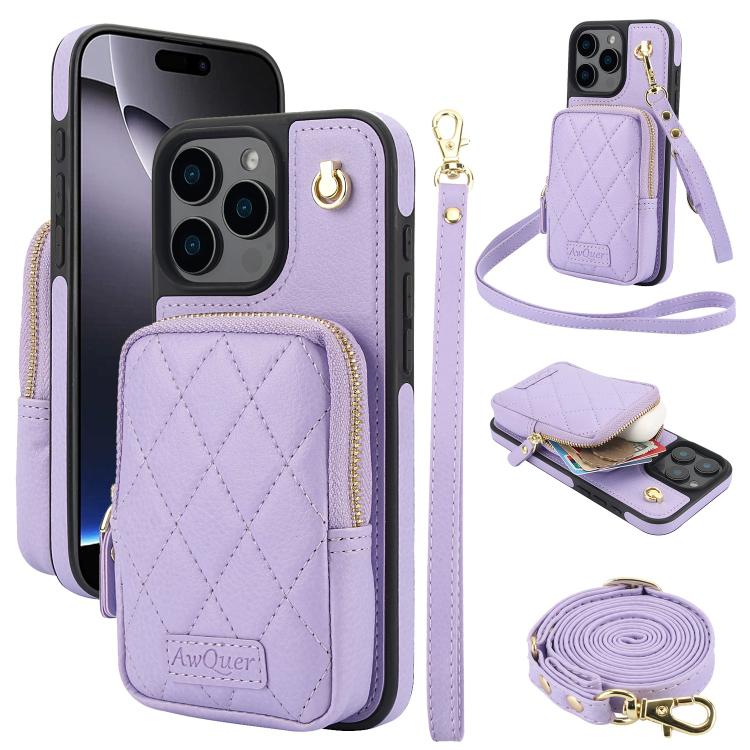 AwQuer Crossbody Zipper Wallet Bag Litchi Leather Phone Case, For iPhone 16 Pro Max, For iPhone 16 Pro, For iPhone 16 Plus