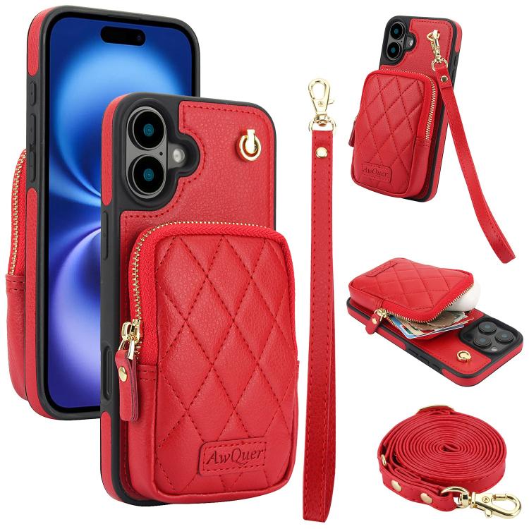 AwQuer Crossbody Zipper Wallet Bag Litchi Leather Phone Case, For iPhone 16 Pro Max, For iPhone 16 Pro, For iPhone 16 Plus