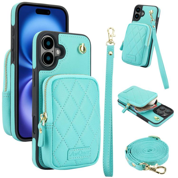 AwQuer Crossbody Zipper Wallet Bag Litchi Leather Phone Case, For iPhone 16 Pro Max, For iPhone 16 Pro, For iPhone 16 Plus