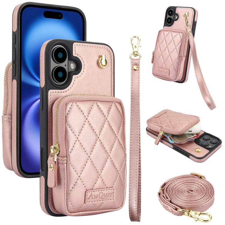 AwQuer Crossbody Zipper Wallet Bag Litchi Leather Phone Case, For iPhone 16 Pro Max, For iPhone 16 Pro, For iPhone 16 Plus
