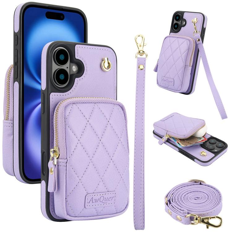 AwQuer Crossbody Zipper Wallet Bag Litchi Leather Phone Case, For iPhone 16, For iPhone 15 Pro Max, For iPhone 15 Pro