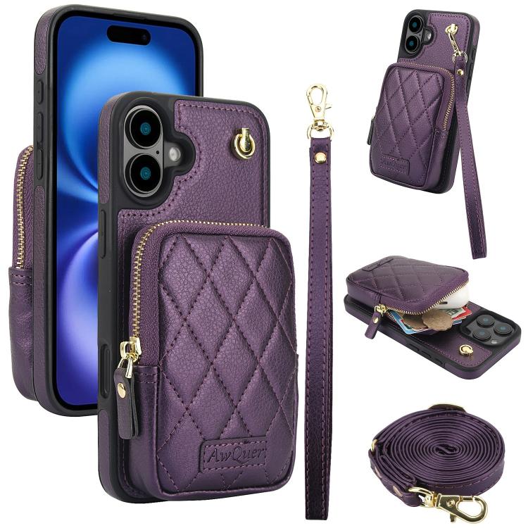 AwQuer Crossbody Zipper Wallet Bag Litchi Leather Phone Case, For iPhone 16, For iPhone 15 Pro Max, For iPhone 15 Pro