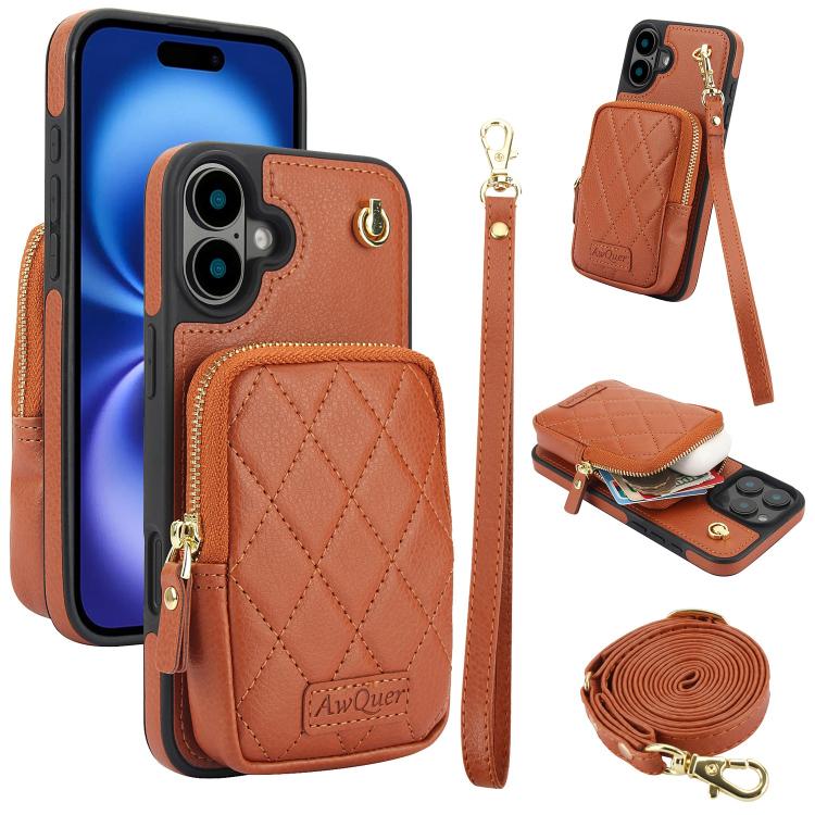 AwQuer Crossbody Zipper Wallet Bag Litchi Leather Phone Case, For iPhone 16, For iPhone 15 Pro Max, For iPhone 15 Pro