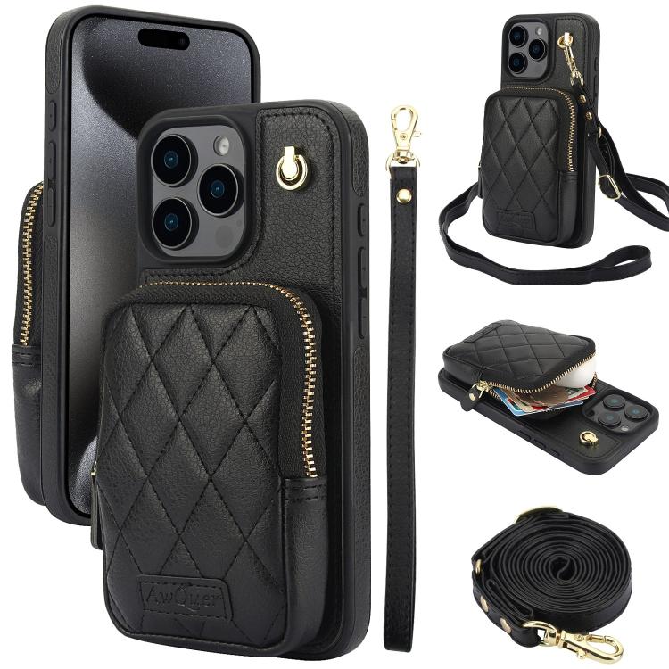AwQuer Crossbody Zipper Wallet Bag Litchi Leather Phone Case, For iPhone 16, For iPhone 15 Pro Max, For iPhone 15 Pro