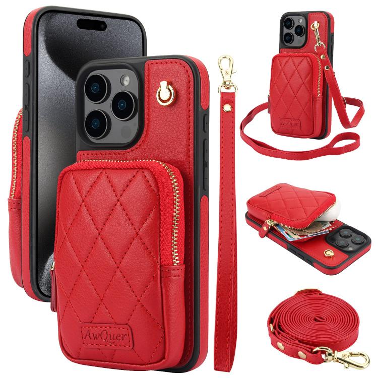 AwQuer Crossbody Zipper Wallet Bag Litchi Leather Phone Case, For iPhone 16, For iPhone 15 Pro Max, For iPhone 15 Pro