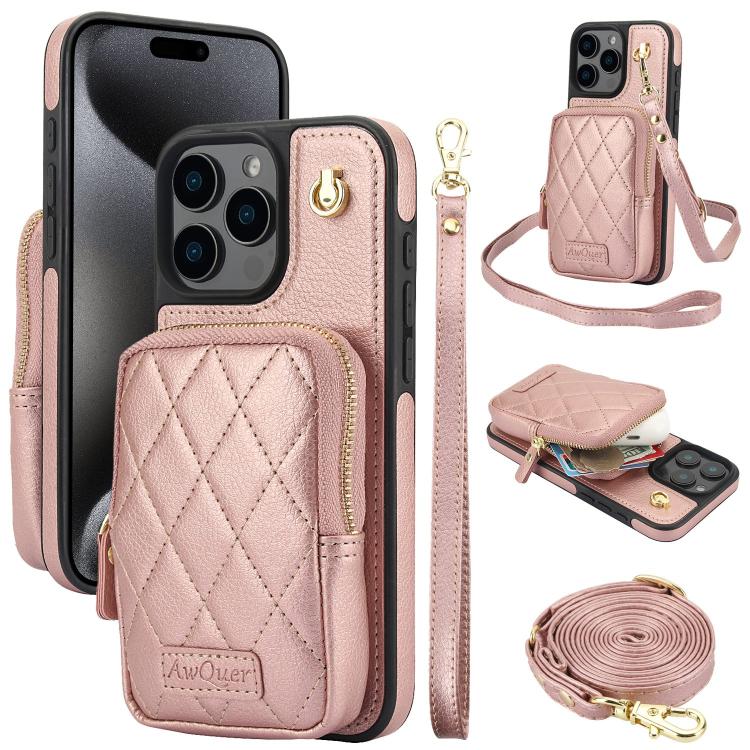 AwQuer Crossbody Zipper Wallet Bag Litchi Leather Phone Case, For iPhone 16, For iPhone 15 Pro Max, For iPhone 15 Pro