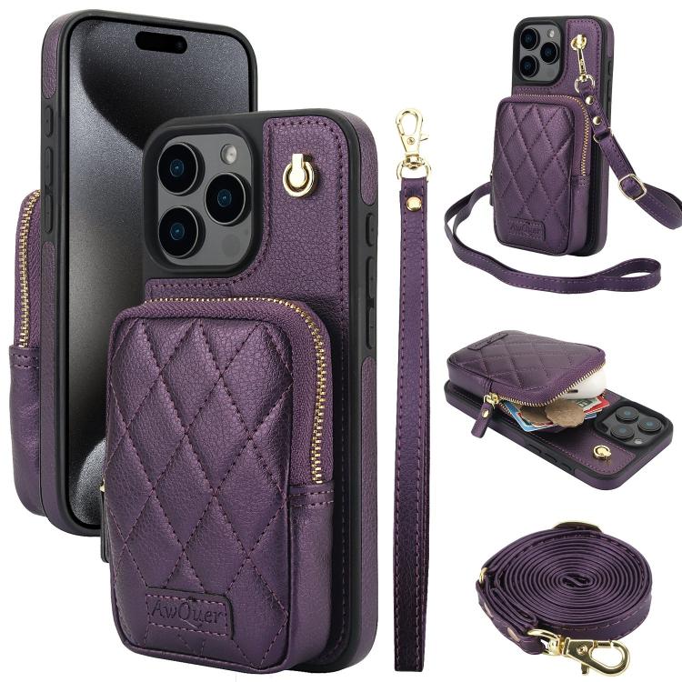 AwQuer Crossbody Zipper Wallet Bag Litchi Leather Phone Case, For iPhone 16, For iPhone 15 Pro Max, For iPhone 15 Pro