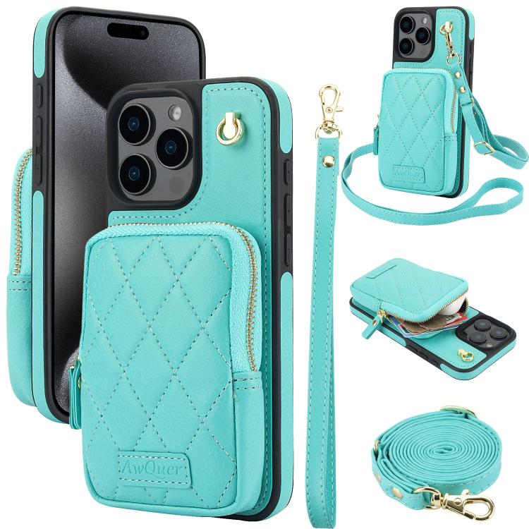 AwQuer Crossbody Zipper Wallet Bag Litchi Leather Phone Case, For iPhone 16, For iPhone 15 Pro Max, For iPhone 15 Pro