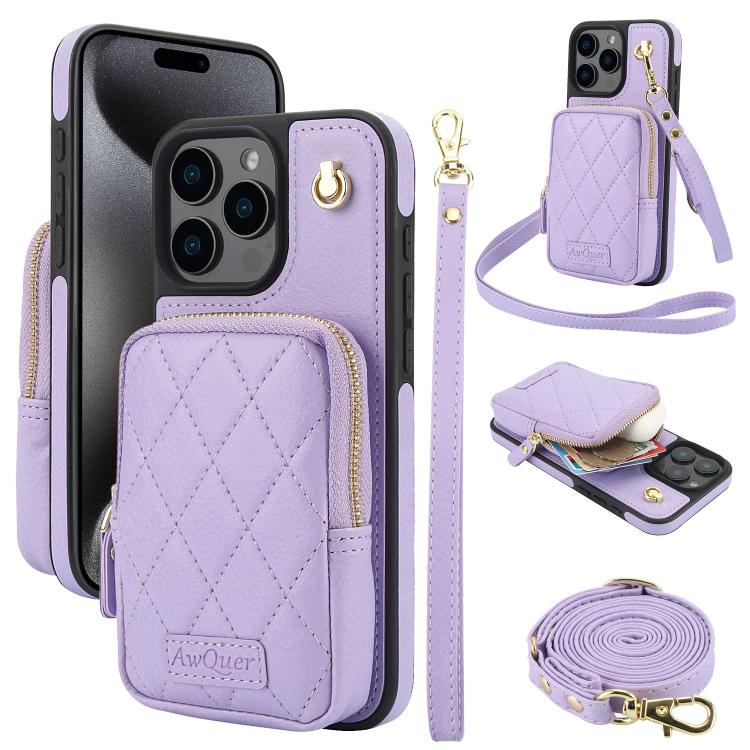 AwQuer Crossbody Zipper Wallet Bag Litchi Leather Phone Case, For iPhone 16, For iPhone 15 Pro Max, For iPhone 15 Pro