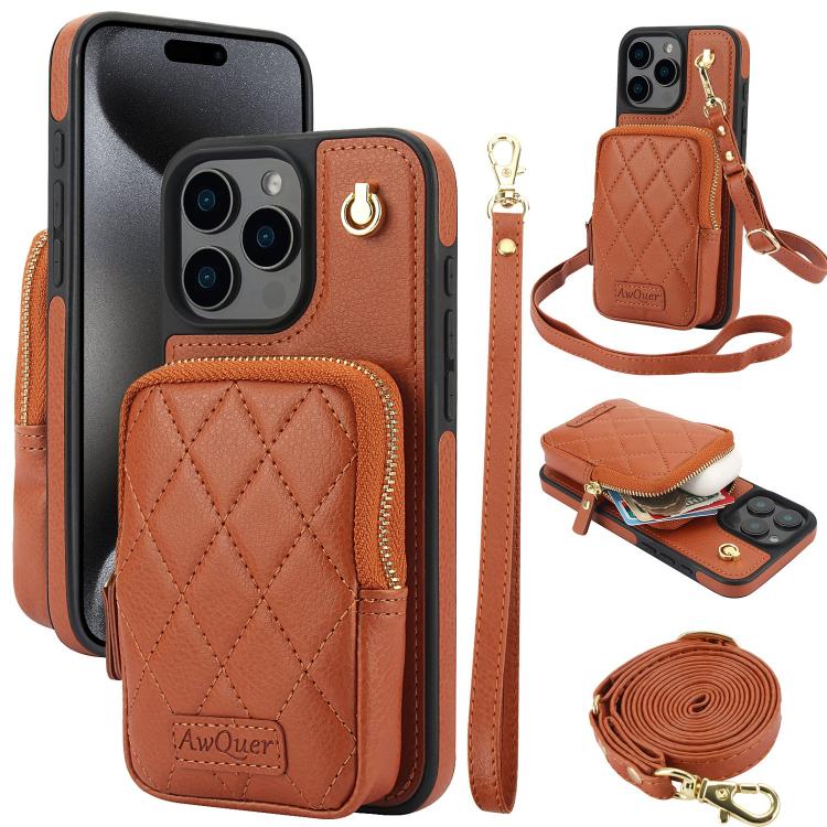 AwQuer Crossbody Zipper Wallet Bag Litchi Leather Phone Case, For iPhone 16, For iPhone 15 Pro Max, For iPhone 15 Pro