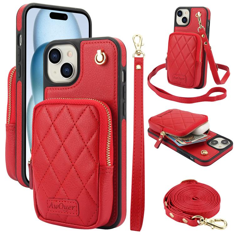 AwQuer Crossbody Zipper Wallet Bag Litchi Leather Phone Case, For iPhone 15 Plus, For iPhone 15, For iPhone 14 Plus