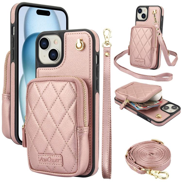 AwQuer Crossbody Zipper Wallet Bag Litchi Leather Phone Case, For iPhone 15 Plus, For iPhone 15, For iPhone 14 Plus
