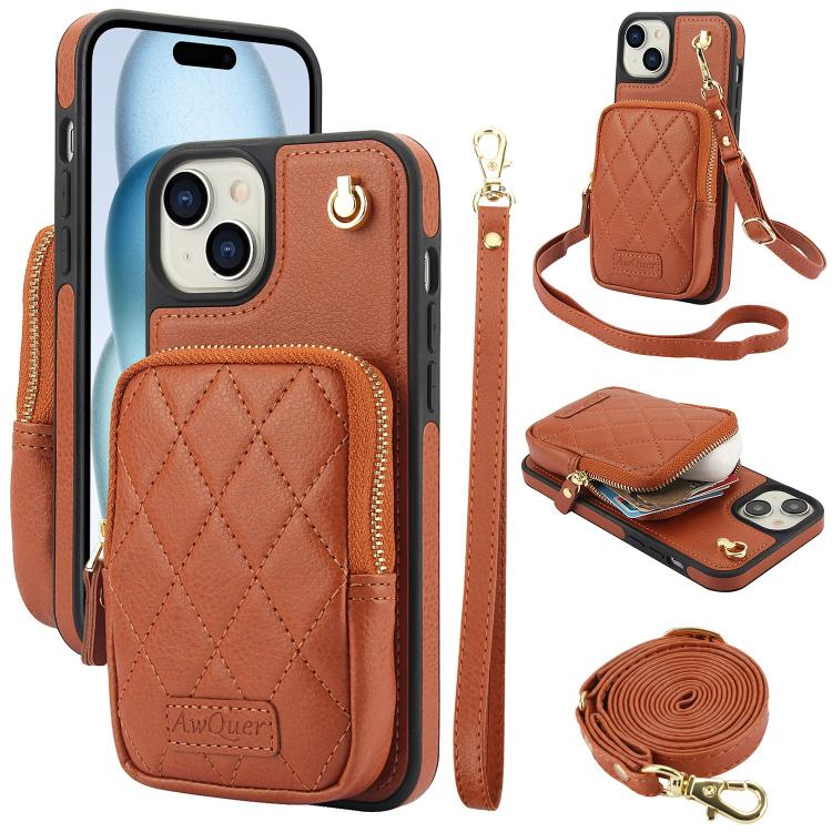 AwQuer Crossbody Zipper Wallet Bag Litchi Leather Phone Case, For iPhone 15 Plus, For iPhone 15, For iPhone 14 Plus
