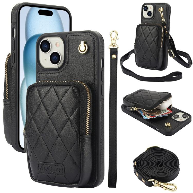 AwQuer Crossbody Zipper Wallet Bag Litchi Leather Phone Case, For iPhone 15 Plus, For iPhone 15, For iPhone 14 Plus