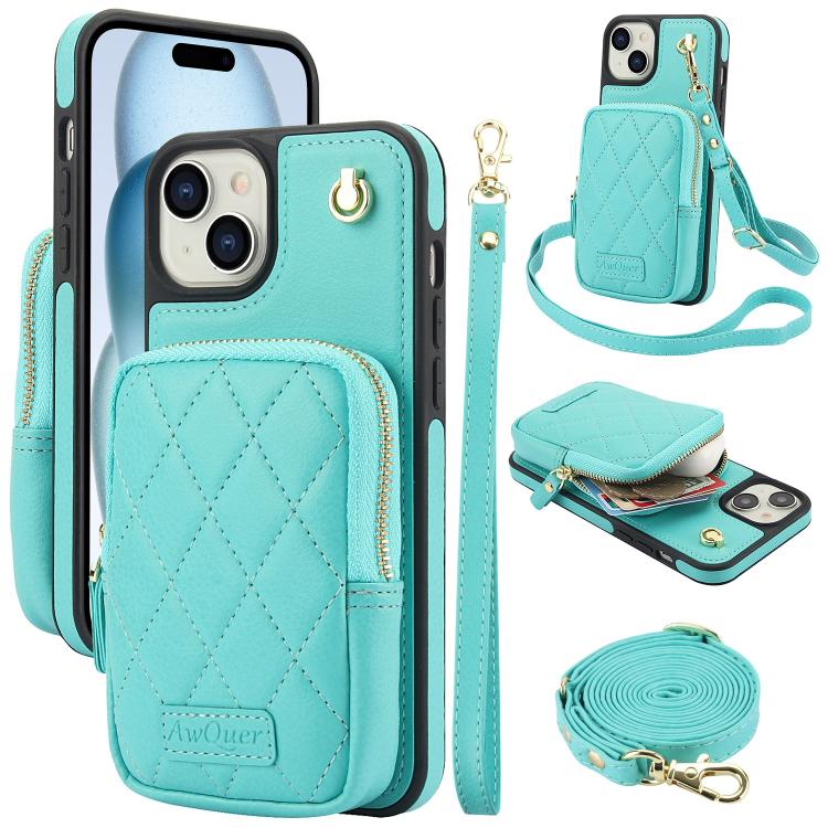 AwQuer Crossbody Zipper Wallet Bag Litchi Leather Phone Case, For iPhone 15 Plus, For iPhone 15, For iPhone 14 Plus