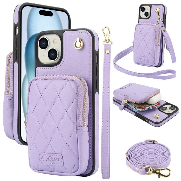 AwQuer Crossbody Zipper Wallet Bag Litchi Leather Phone Case, For iPhone 15 Plus, For iPhone 15, For iPhone 14 Plus