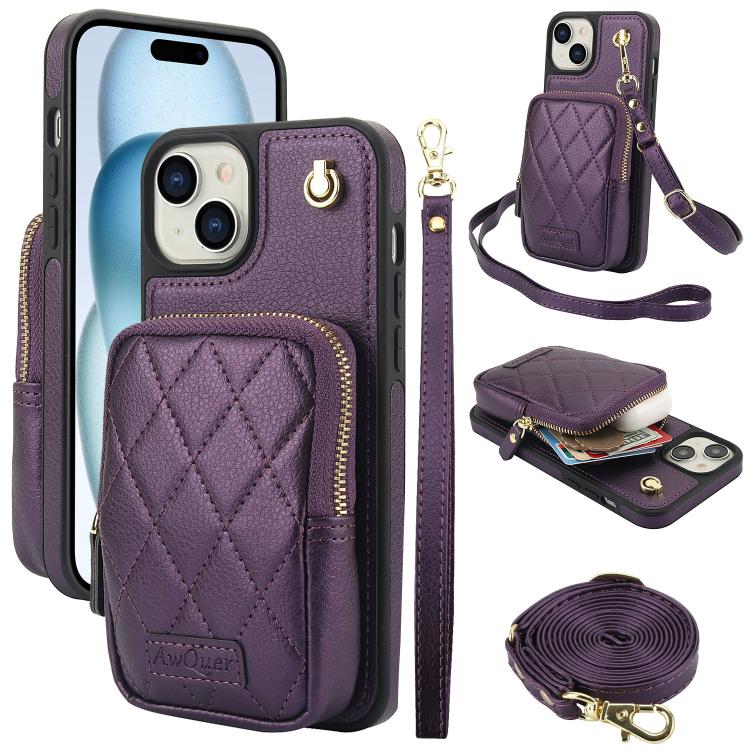 AwQuer Crossbody Zipper Wallet Bag Litchi Leather Phone Case, For iPhone 15 Plus, For iPhone 15, For iPhone 14 Plus