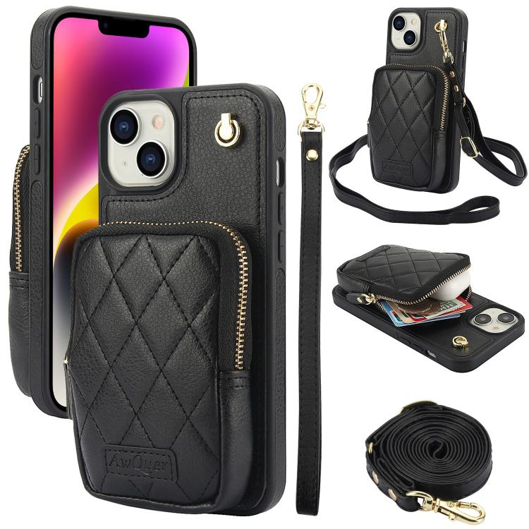 AwQuer Crossbody Zipper Wallet Bag Litchi Leather Phone Case, For iPhone 15 Plus, For iPhone 15, For iPhone 14 Plus