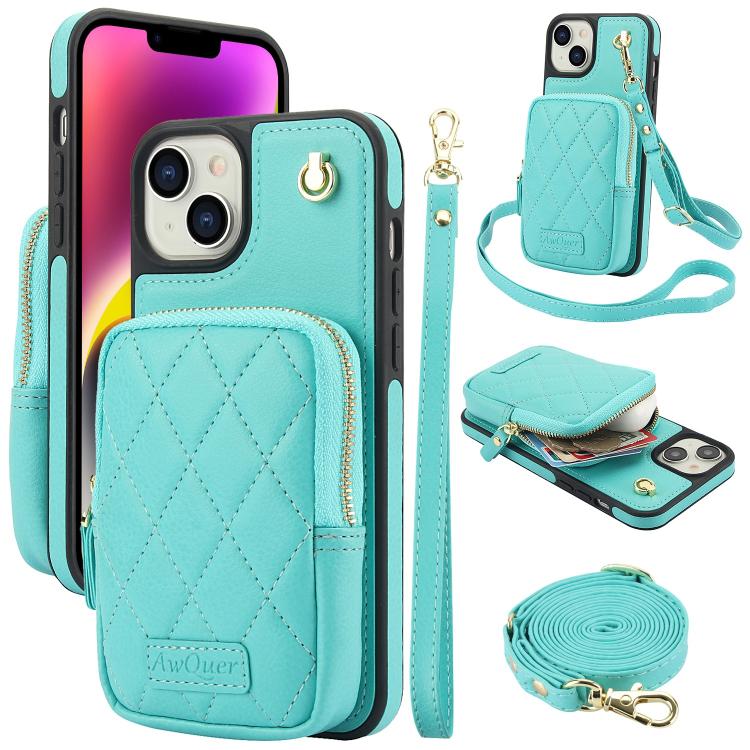 AwQuer Crossbody Zipper Wallet Bag Litchi Leather Phone Case, For iPhone 15 Plus, For iPhone 15, For iPhone 14 Plus