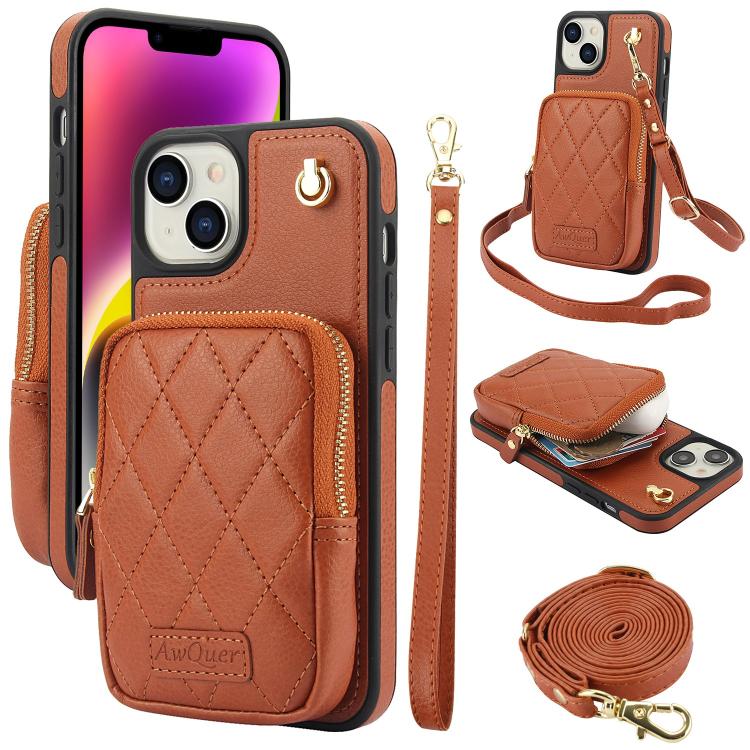 AwQuer Crossbody Zipper Wallet Bag Litchi Leather Phone Case, For iPhone 15 Plus, For iPhone 15, For iPhone 14 Plus
