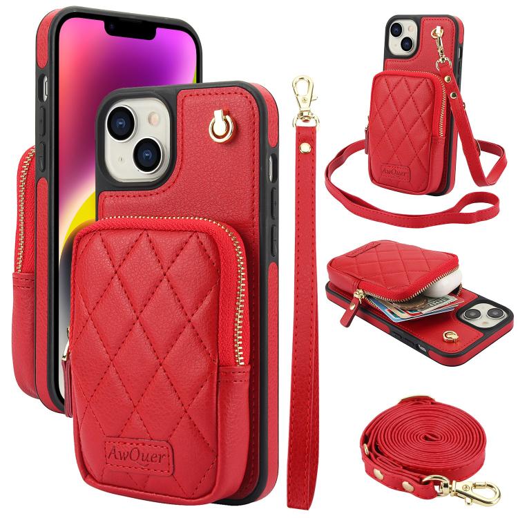 AwQuer Crossbody Zipper Wallet Bag Litchi Leather Phone Case, For iPhone 14 / 13, For iPhone 14 Pro, For iPhone 14 Pro Max