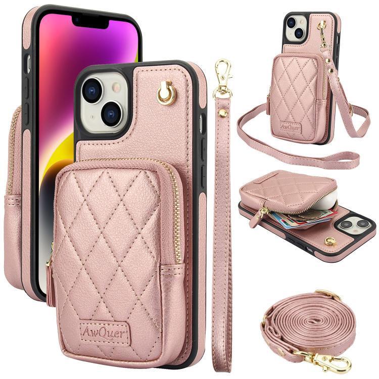 AwQuer Crossbody Zipper Wallet Bag Litchi Leather Phone Case, For iPhone 14 / 13, For iPhone 14 Pro, For iPhone 14 Pro Max