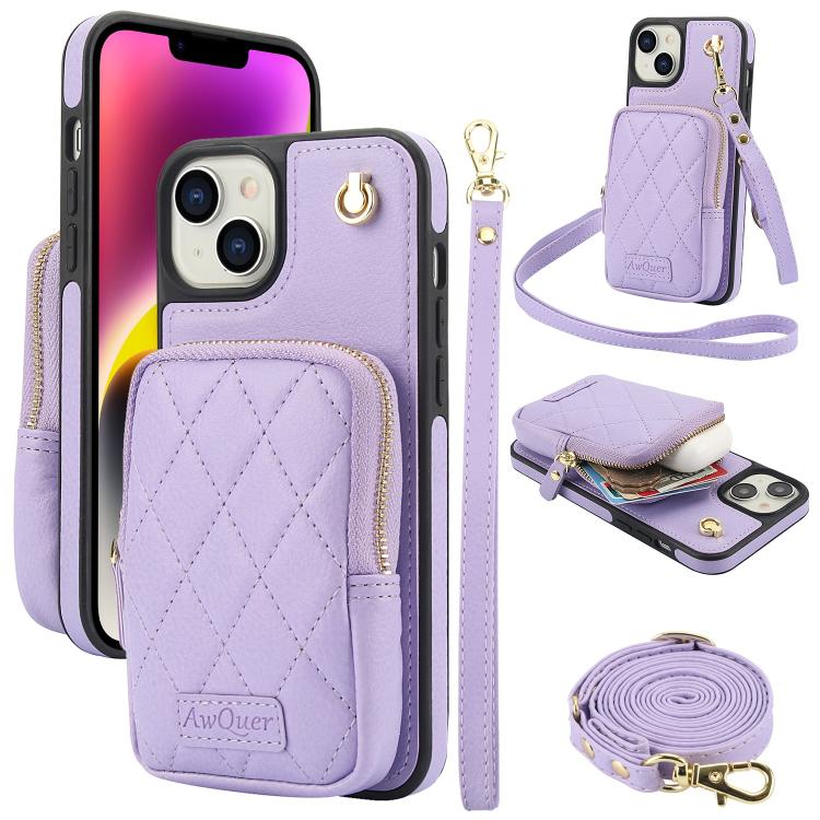 AwQuer Crossbody Zipper Wallet Bag Litchi Leather Phone Case, For iPhone 14 / 13, For iPhone 14 Pro, For iPhone 14 Pro Max