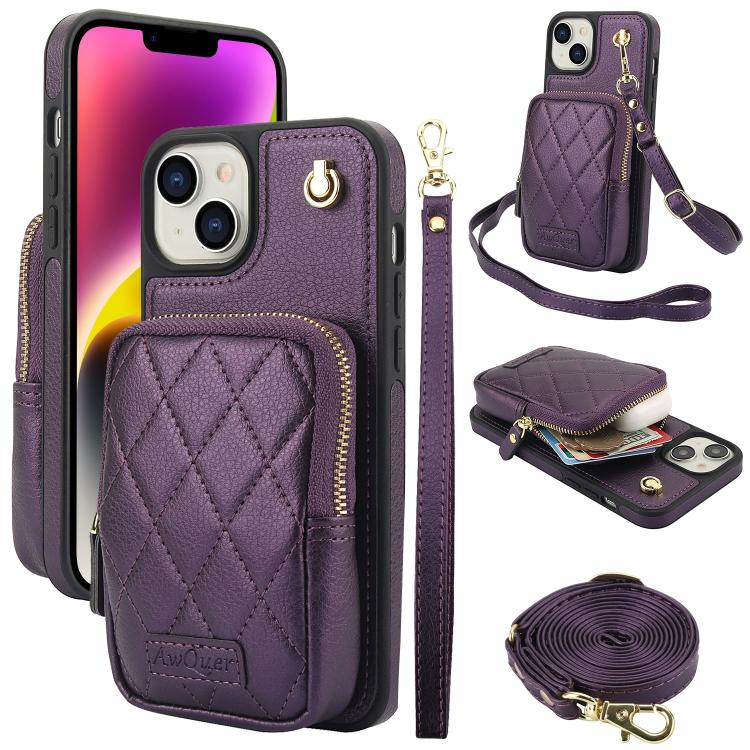 AwQuer Crossbody Zipper Wallet Bag Litchi Leather Phone Case, For iPhone 14 / 13, For iPhone 14 Pro, For iPhone 14 Pro Max