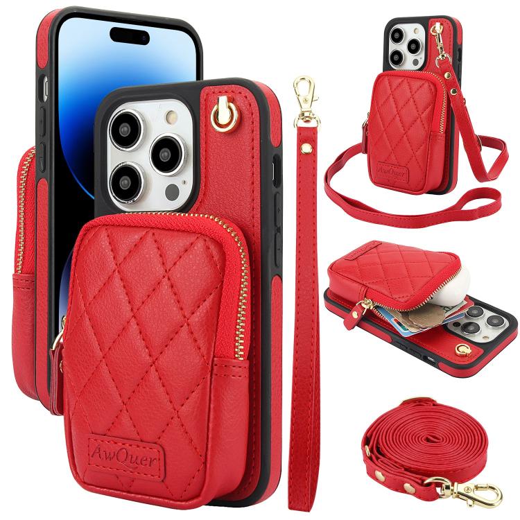 AwQuer Crossbody Zipper Wallet Bag Litchi Leather Phone Case, For iPhone 14 / 13, For iPhone 14 Pro, For iPhone 14 Pro Max