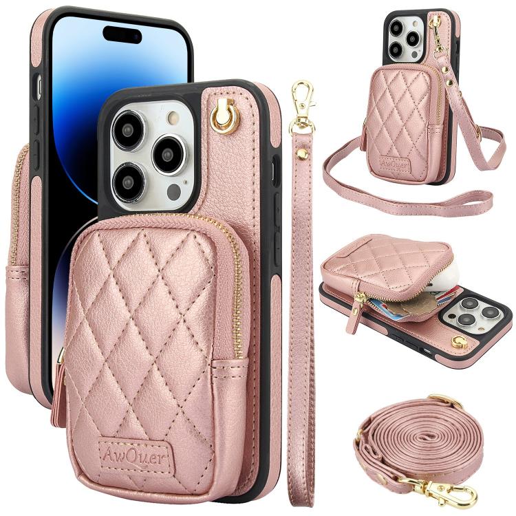 AwQuer Crossbody Zipper Wallet Bag Litchi Leather Phone Case, For iPhone 14 / 13, For iPhone 14 Pro, For iPhone 14 Pro Max