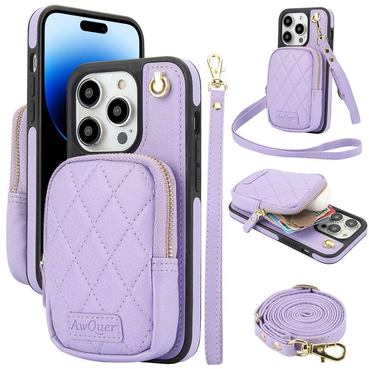 AwQuer Crossbody Zipper Wallet Bag Litchi Leather Phone Case, For iPhone 14 / 13, For iPhone 14 Pro, For iPhone 14 Pro Max
