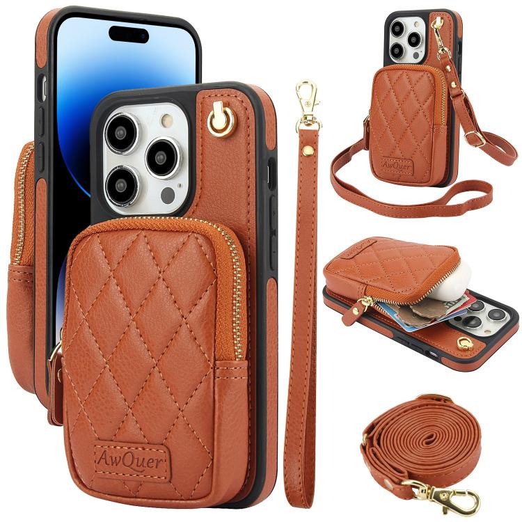 AwQuer Crossbody Zipper Wallet Bag Litchi Leather Phone Case, For iPhone 14 / 13, For iPhone 14 Pro, For iPhone 14 Pro Max