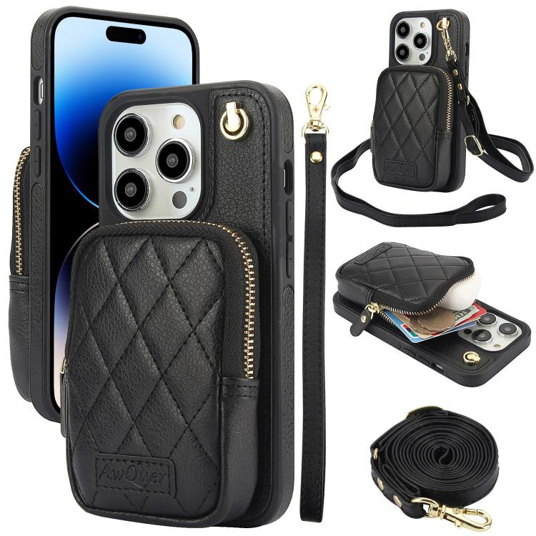 AwQuer Crossbody Zipper Wallet Bag Litchi Leather Phone Case, For iPhone 14 / 13, For iPhone 14 Pro, For iPhone 14 Pro Max