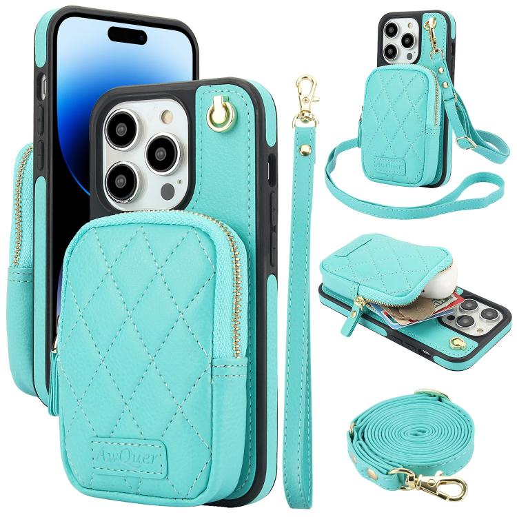 AwQuer Crossbody Zipper Wallet Bag Litchi Leather Phone Case, For iPhone 14 / 13, For iPhone 14 Pro, For iPhone 14 Pro Max