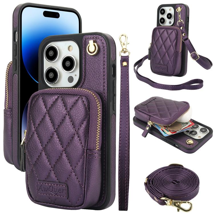 AwQuer Crossbody Zipper Wallet Bag Litchi Leather Phone Case, For iPhone 14 / 13, For iPhone 14 Pro, For iPhone 14 Pro Max