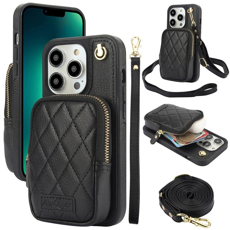 AwQuer Crossbody Zipper Wallet Bag Litchi Leather Phone Case, For iPhone 13 Pro Max, For iPhone 13 Pro, For iPhone 12 / 12 Pro