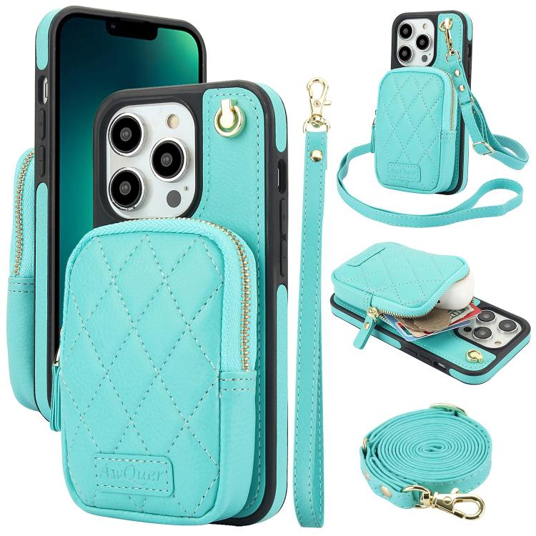 AwQuer Crossbody Zipper Wallet Bag Litchi Leather Phone Case, For iPhone 13 Pro Max, For iPhone 13 Pro, For iPhone 12 / 12 Pro