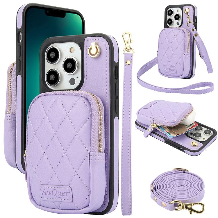 AwQuer Crossbody Zipper Wallet Bag Litchi Leather Phone Case, For iPhone 13 Pro Max, For iPhone 13 Pro, For iPhone 12 / 12 Pro