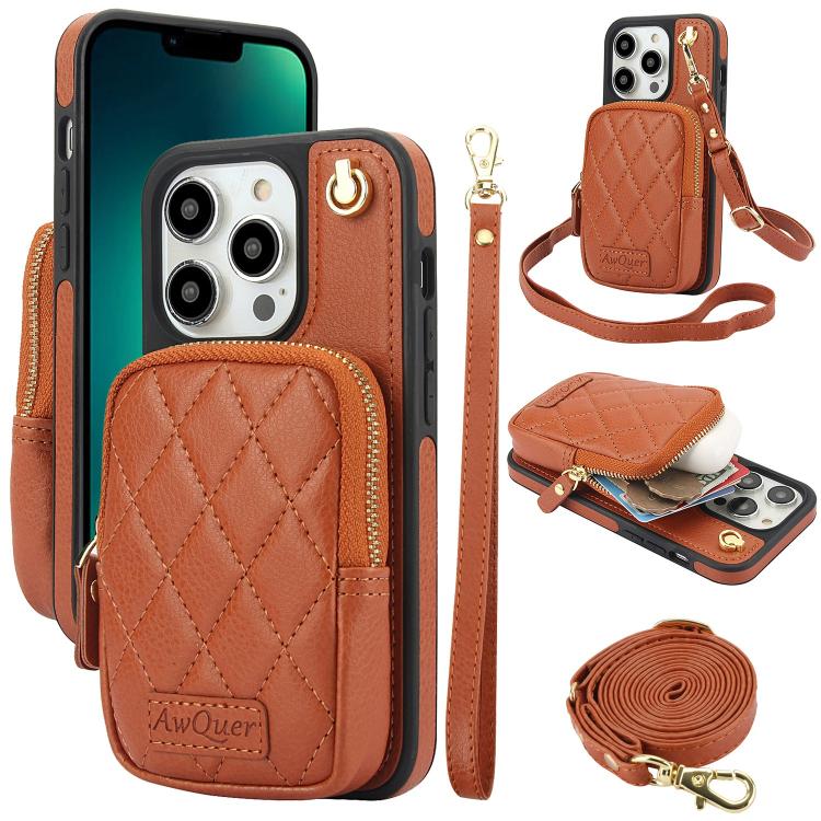 AwQuer Crossbody Zipper Wallet Bag Litchi Leather Phone Case, For iPhone 13 Pro Max, For iPhone 13 Pro, For iPhone 12 / 12 Pro