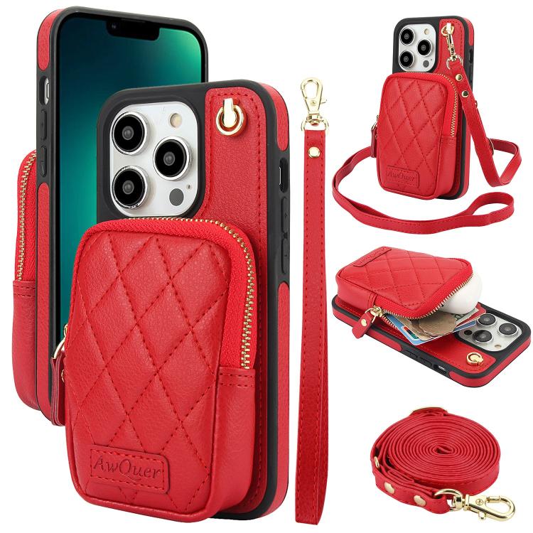AwQuer Crossbody Zipper Wallet Bag Litchi Leather Phone Case, For iPhone 13 Pro Max, For iPhone 13 Pro, For iPhone 12 / 12 Pro