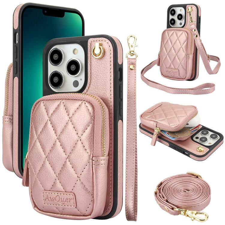 AwQuer Crossbody Zipper Wallet Bag Litchi Leather Phone Case, For iPhone 13 Pro Max, For iPhone 13 Pro, For iPhone 12 / 12 Pro