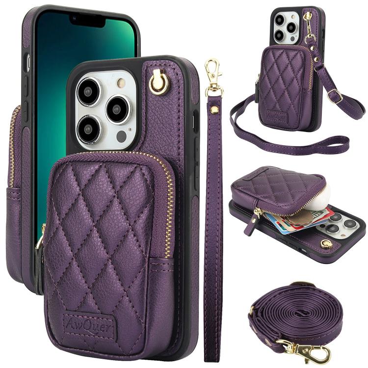 AwQuer Crossbody Zipper Wallet Bag Litchi Leather Phone Case, For iPhone 13 Pro Max, For iPhone 13 Pro, For iPhone 12 / 12 Pro